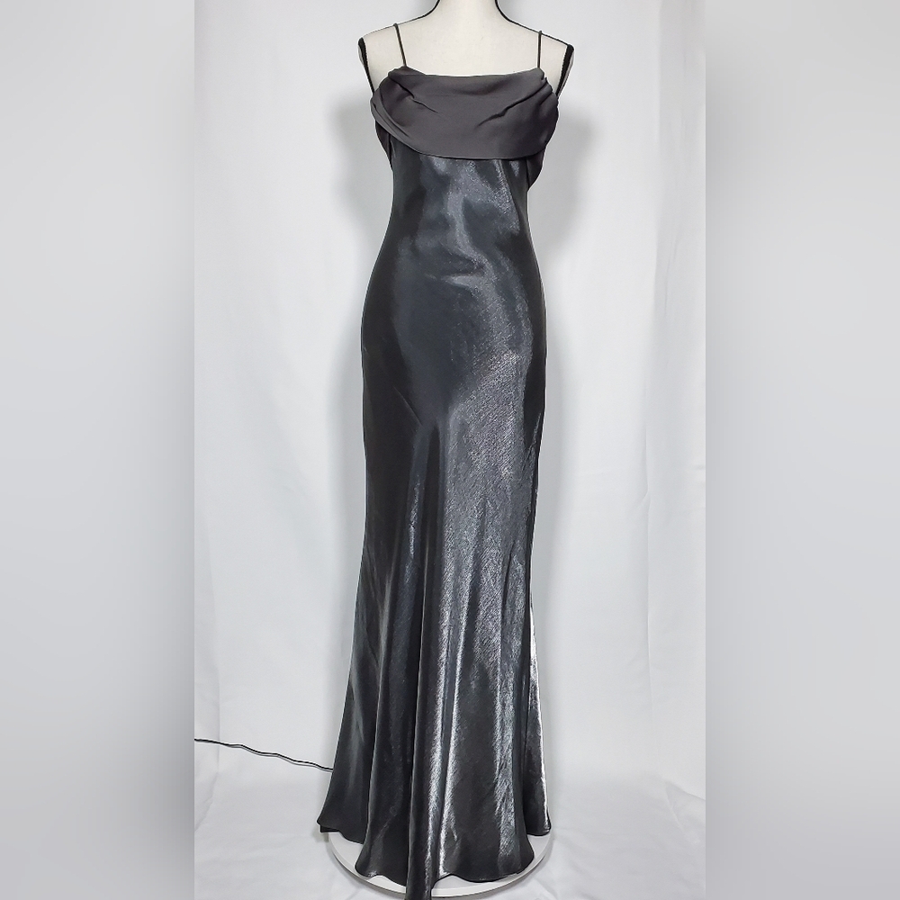 Betsy & Adam Elegant Gray/Silver Cowl Neck Gown for Cocktail Maxi Dress